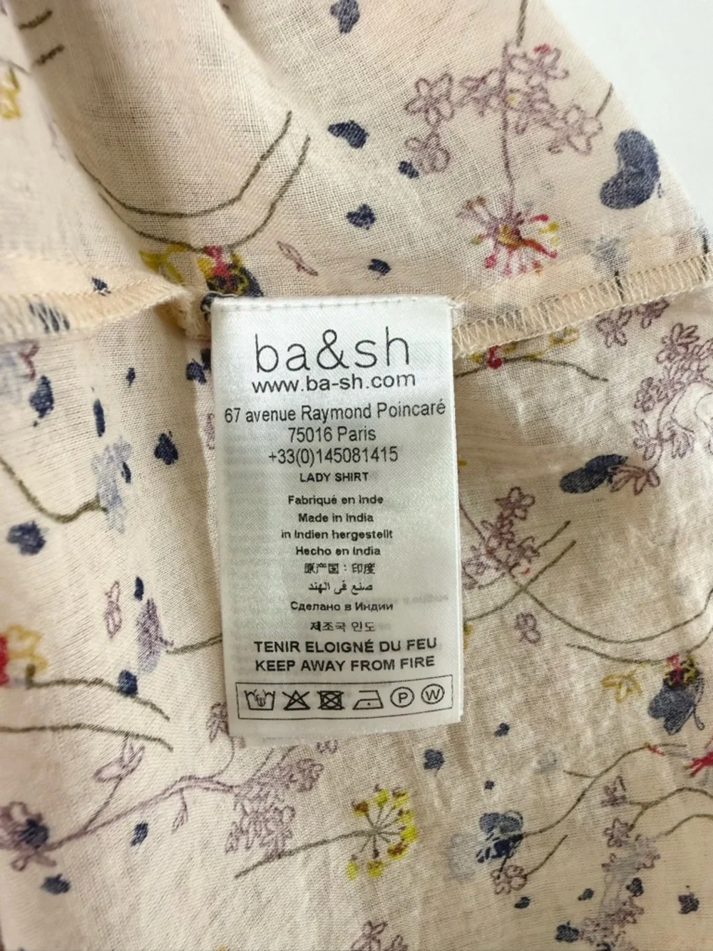 ba&sh Floral Blouse Pintuck Boho Top Short Sleeve Button Front Ivory Cotton 2 - Picture 6 of 8